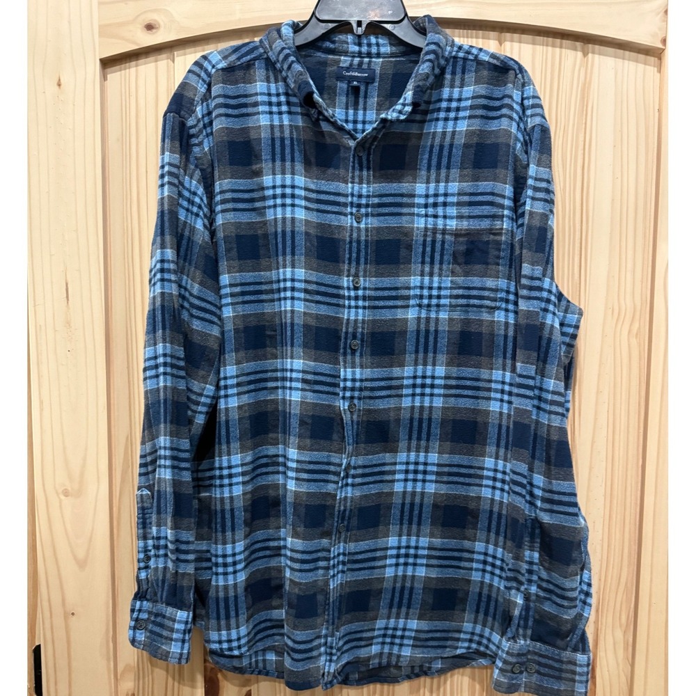 Croft & Barrow Mens XL Blue Grey Plaid Flannel Shirt Cotton Button Up